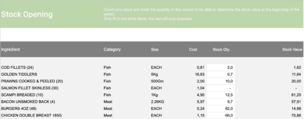 Opening stock count sheet in the restaurant inventory sheet