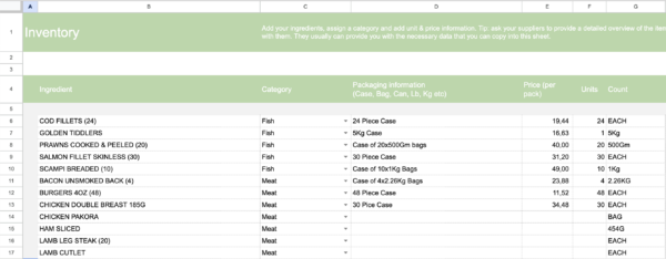 Add your product list to the restaurant inventory template